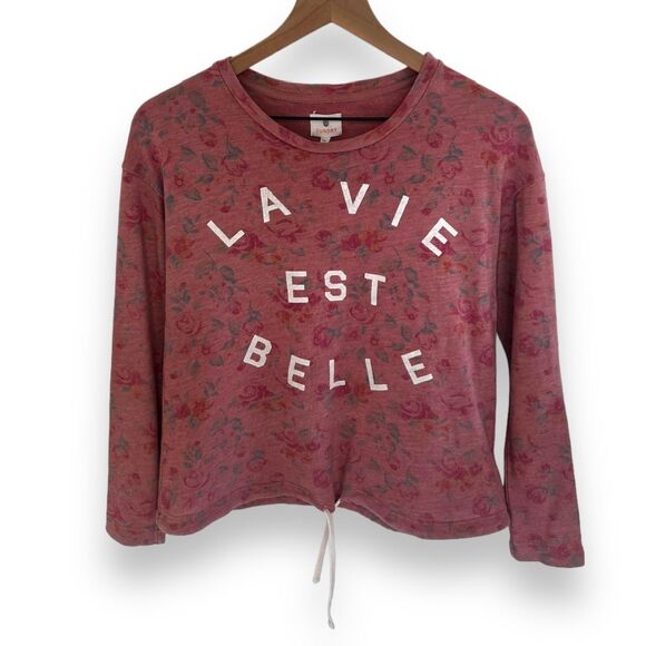 Sundry Tops - Sundry-La Vie Belle-Long Sleeve Shirt-Floral Roses-Pink-Size 0/XS-Drawstring